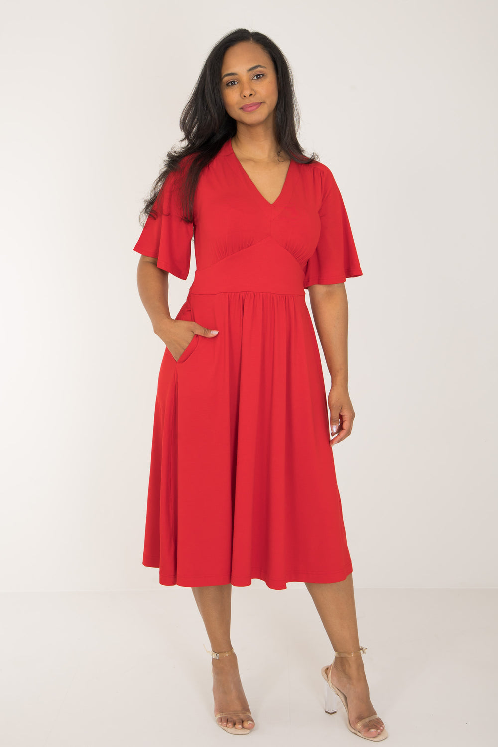 Nina jersey dress bell sleeve - Bright Red - Klarröd klänning i trikå