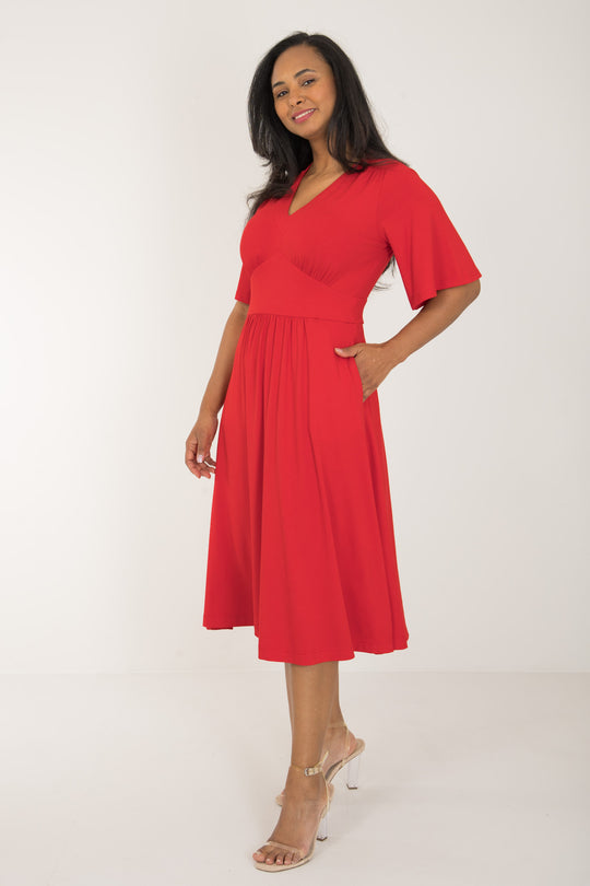 Nina jersey dress bell sleeve - Bright Red - Klarröd klänning i trikå