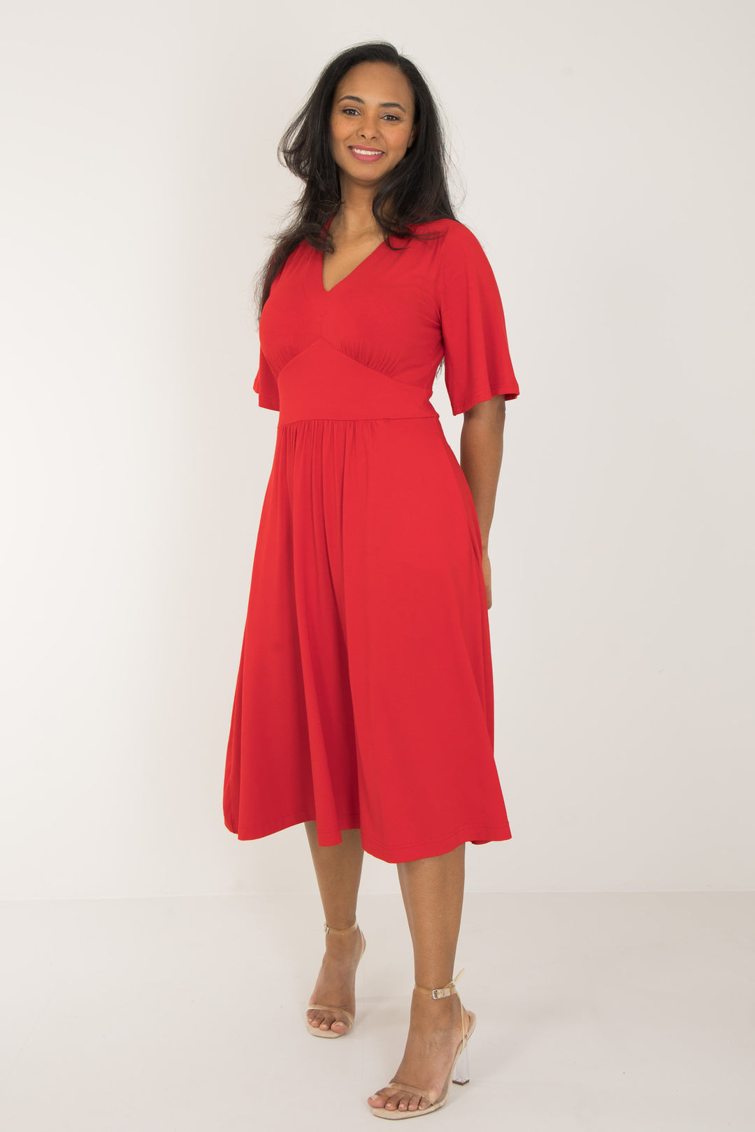 Nina jersey dress bell sleeve - Bright Red - Klarröd klänning i trikå