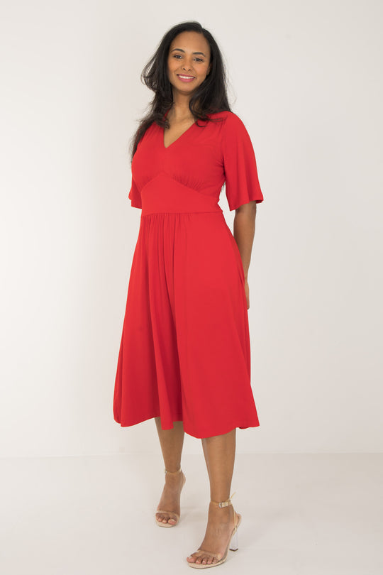 Nina jersey dress bell sleeve - Bright Red - Klarröd klänning i trikå