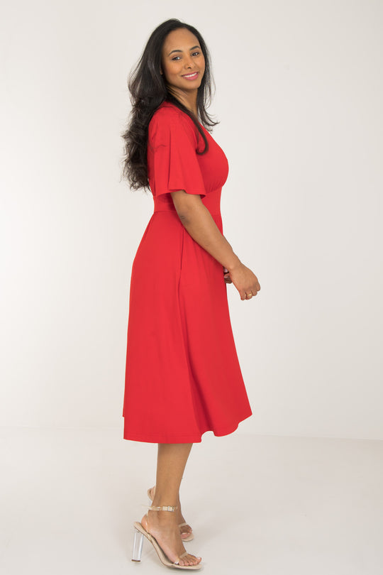 Nina jersey dress bell sleeve - Bright Red - Klarröd klänning i trikå