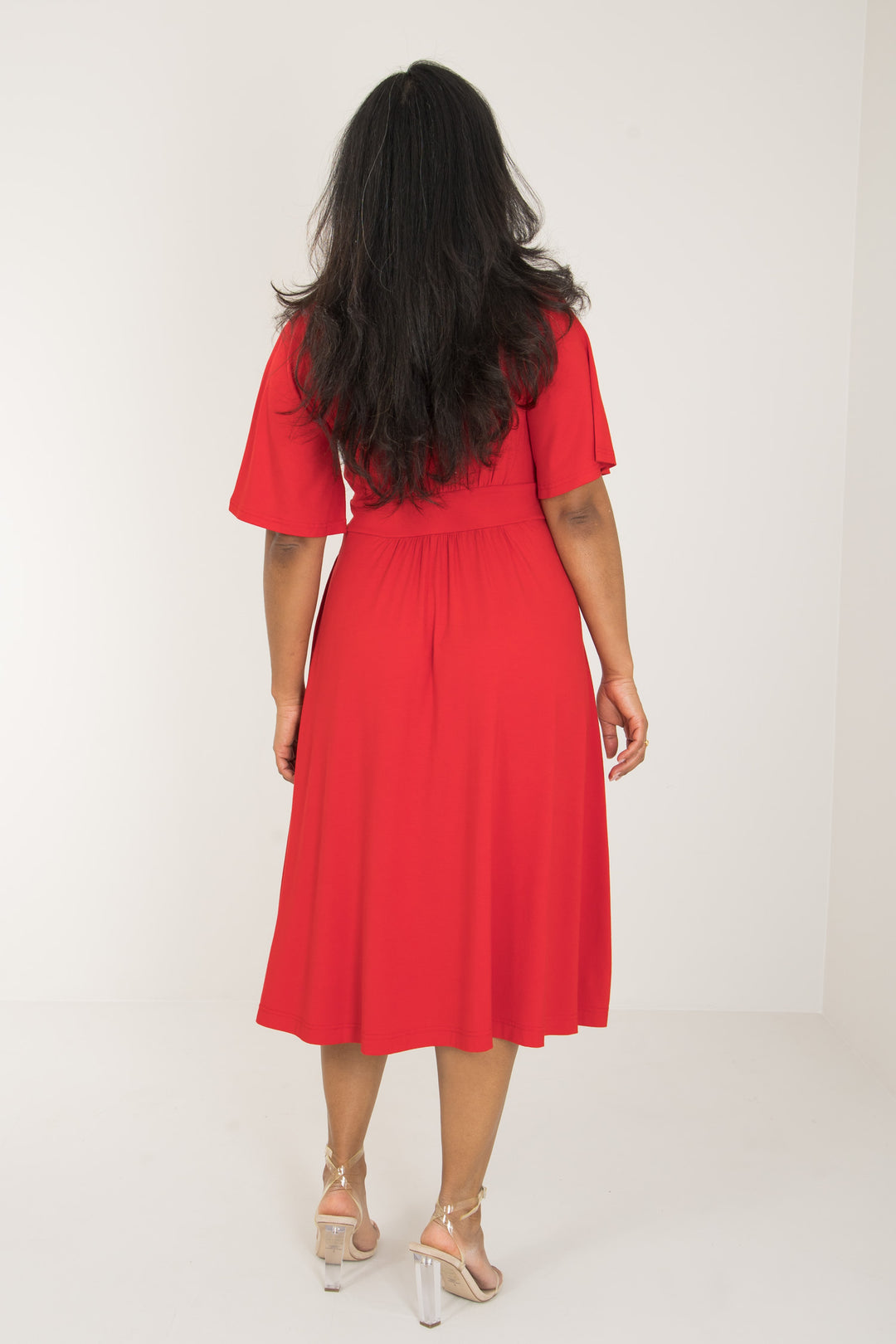 Nina jersey dress bell sleeve - Bright Red - Klarröd klänning i trikå