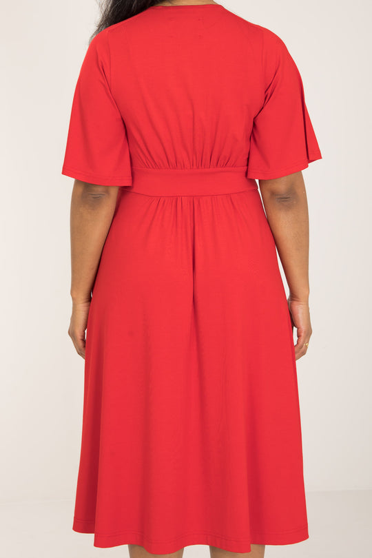 Nina jersey dress bell sleeve - Bright Red - Klarröd klänning i trikå