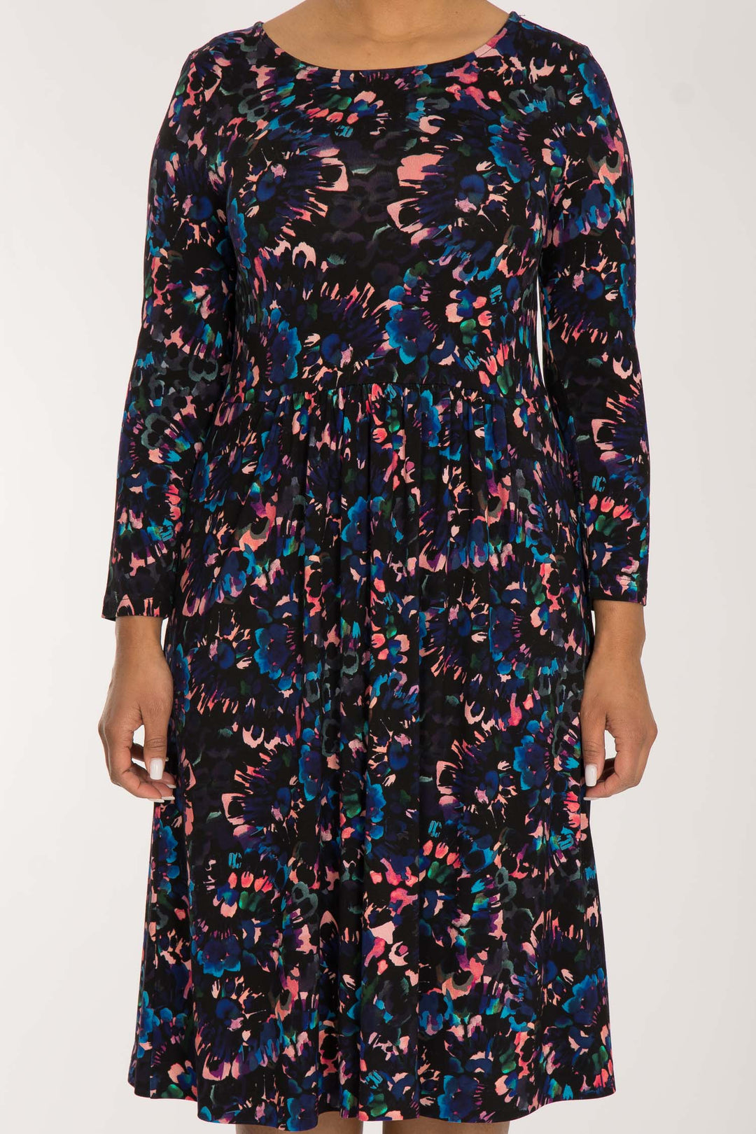 Ideal printed short jersey dress - Blue-Pink - Knälång, mönstrad klänning i trikå