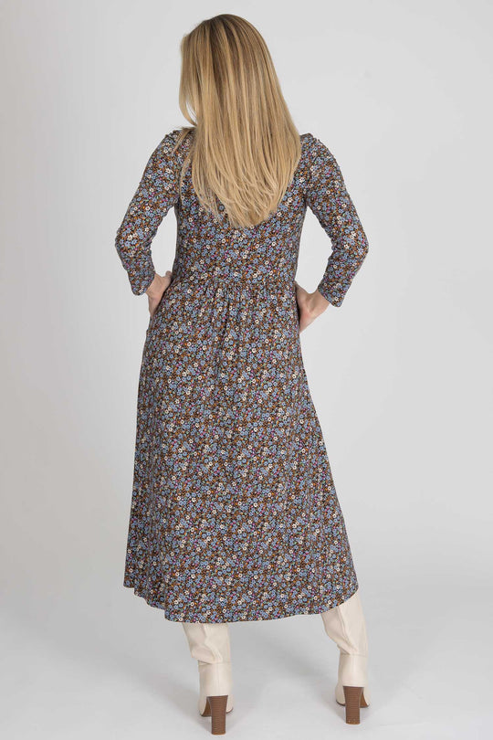 Ideal printed midi jersey dress - Brown flowers - Vadlång, mönstrad klänning i trikå