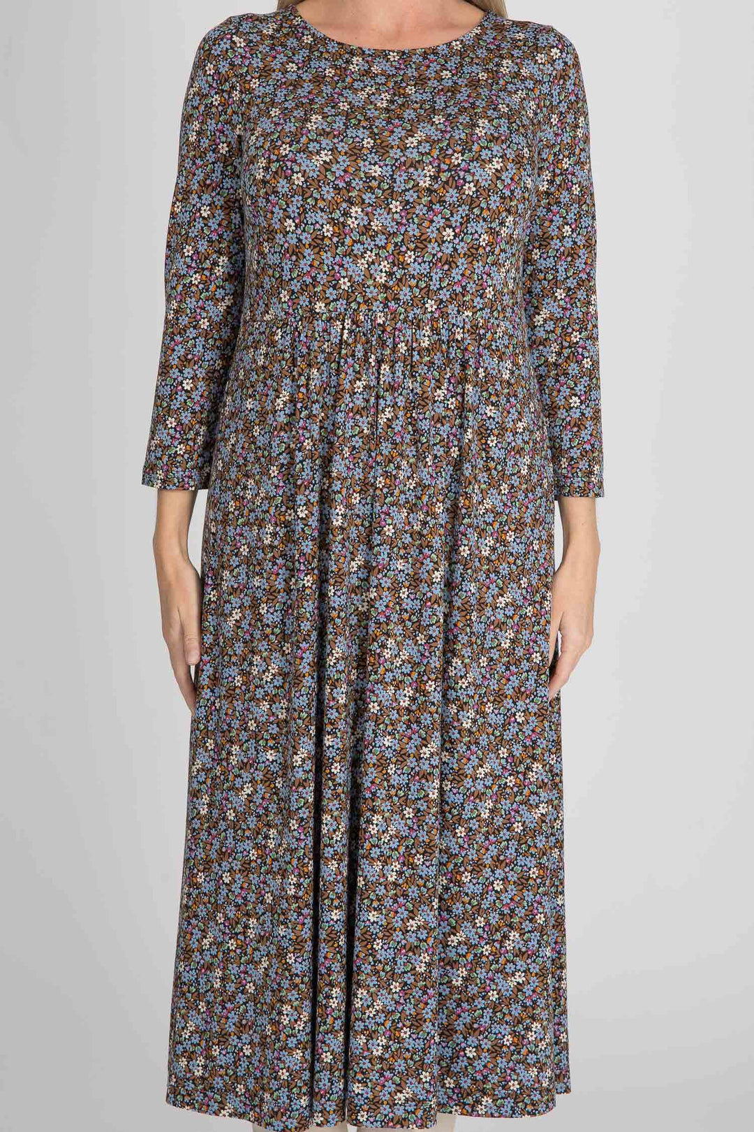 Ideal printed midi jersey dress - Brown flowers - Vadlång, mönstrad klänning i trikå