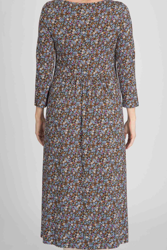 Ideal printed midi jersey dress - Brown flowers - Vadlång, mönstrad klänning i trikå