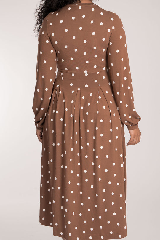 Pleated waist printed midi jersey dress - Brown dot - Mönstrad vadlång klänning i trikå