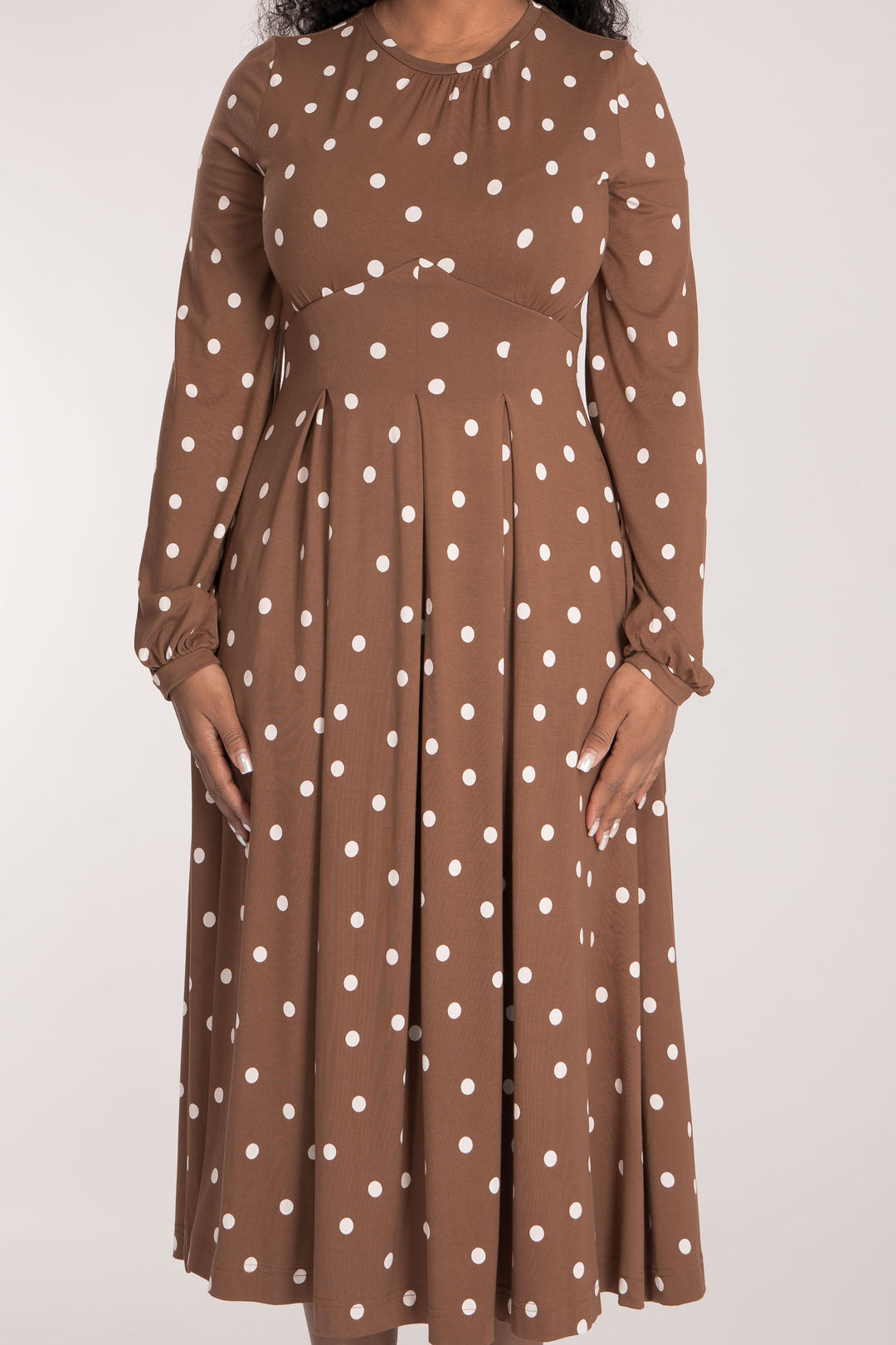 Pleated waist printed midi jersey dress - Brown dot - Mönstrad vadlång klänning i trikå