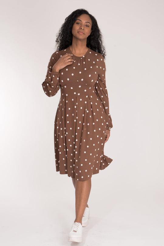 Pleated waist printed short jersey dress - Brown dot - Mönstrad knälång klänning i trikå