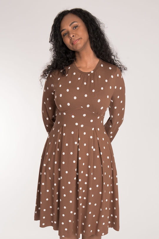 Pleated waist printed short jersey dress - Brown dot - Mönstrad knälång klänning i trikå