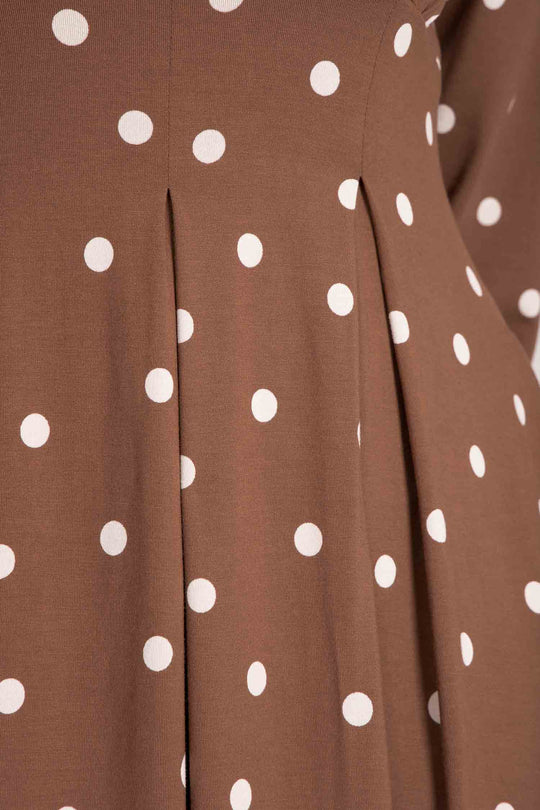 Pleated waist printed short jersey dress - Brown dot - Mönstrad knälång klänning i trikå