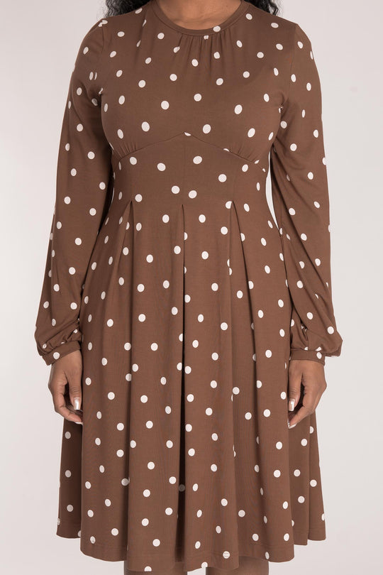 Pleated waist printed short jersey dress - Brown dot - Mönstrad knälång klänning i trikå