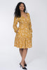 Frill printed short wrap jersey dress - Ochre - Knälång omlottklänning i trikå