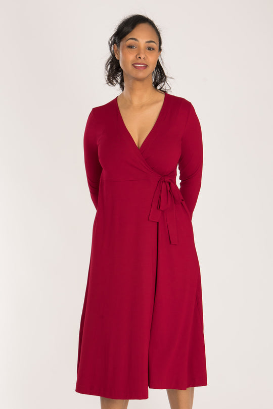 Loose fit midi wrap jersey dress - Red - Vadlång, omlottklänning i trikå