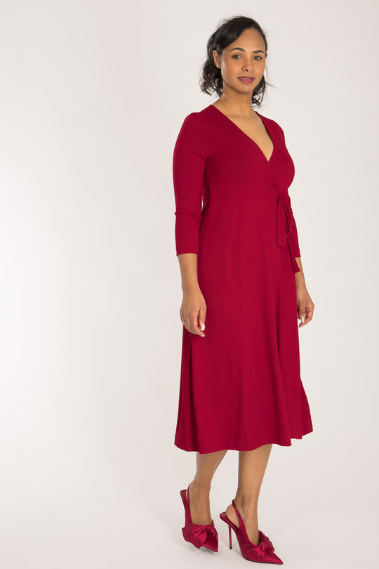 Loose fit midi wrap jersey dress - Red - Vadlång, omlottklänning i trikå