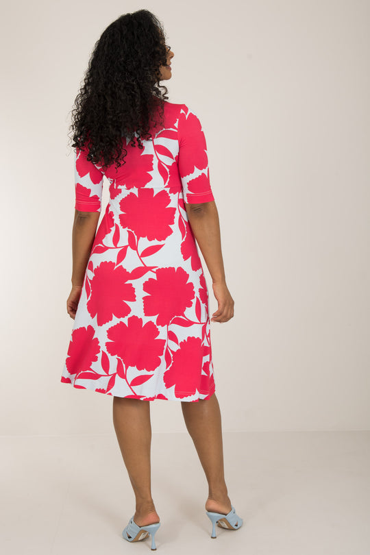Loose fit printed short wrap jersey dress - Red flower - Knälång, mönstrad omlottklänning i trikå