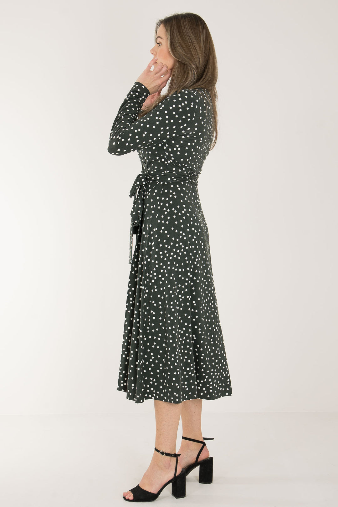 Bestie printed midi wrap jersey dress - Dark green dot - Vadlång, prickig omlottklänning i trikå