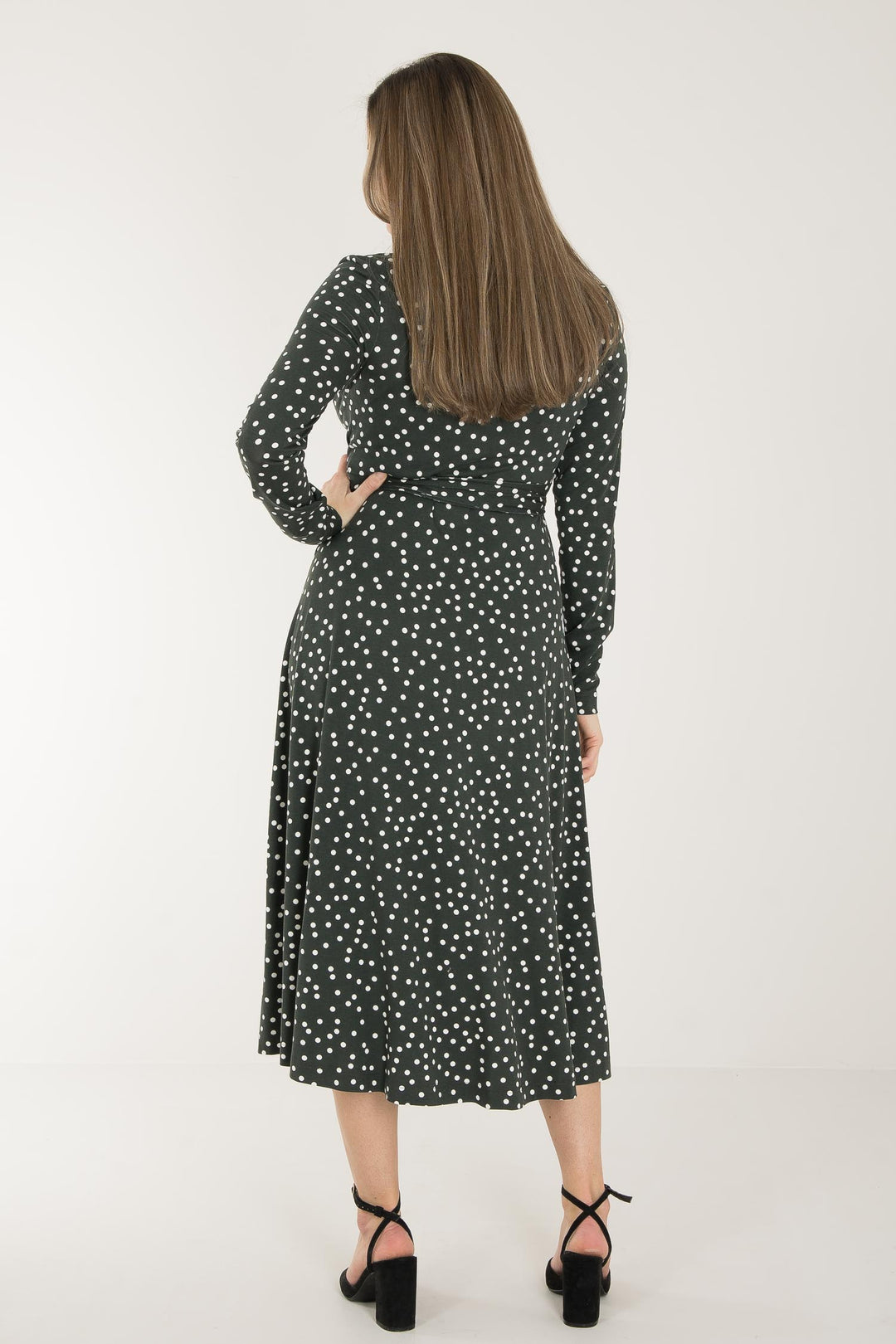 Bestie printed midi wrap jersey dress - Dark green dot - Vadlång, prickig omlottklänning i trikå