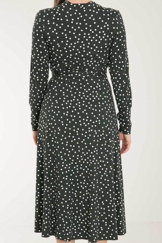 Bestie printed midi wrap jersey dress - Dark green dot - Vadlång, prickig omlottklänning i trikå