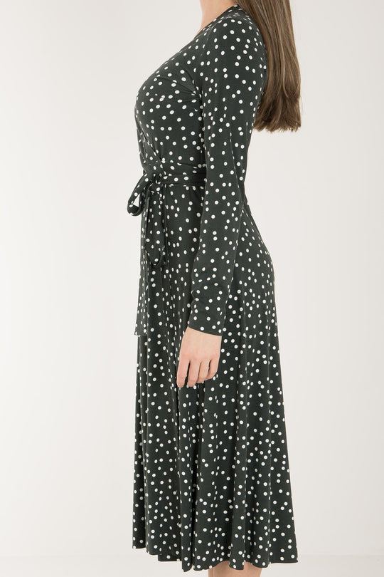 Bestie printed midi wrap jersey dress - Dark green dot - Vadlång, prickig omlottklänning i trikå