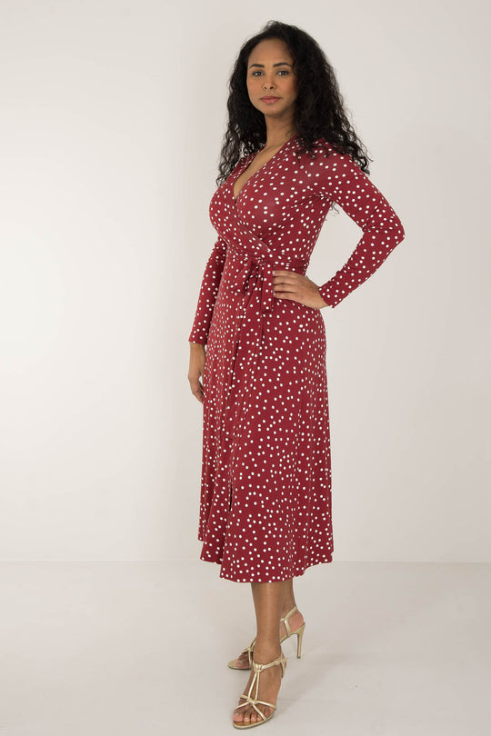 Bestie printed midi wrap jersey dress - Dark red dot - Vadlång, prickig omlottklänning i trikå