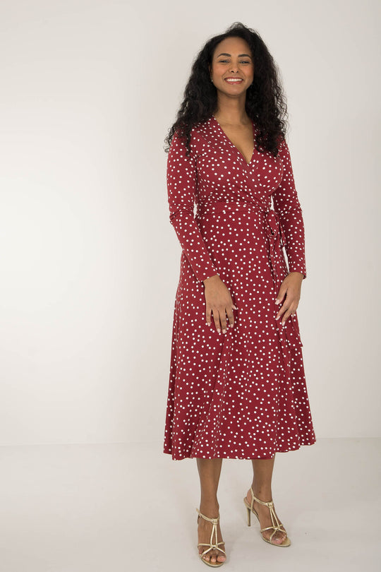 Bestie printed midi wrap jersey dress - Dark red dot - Vadlång, prickig omlottklänning i trikå