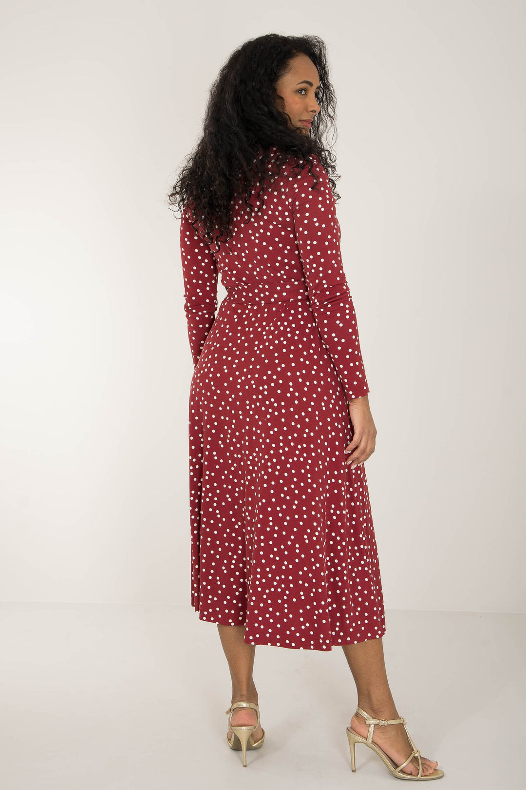 Bestie printed midi wrap jersey dress - Dark red dot - Vadlång, prickig omlottklänning i trikå