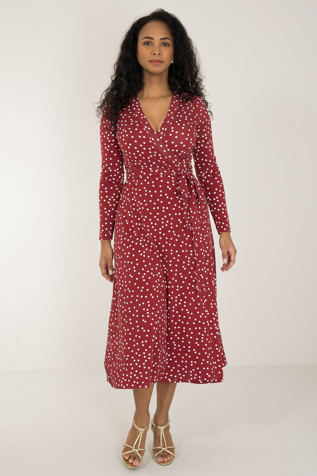 Bestie printed midi wrap jersey dress - Dark red dot - Vadlång, prickig omlottklänning i trikå