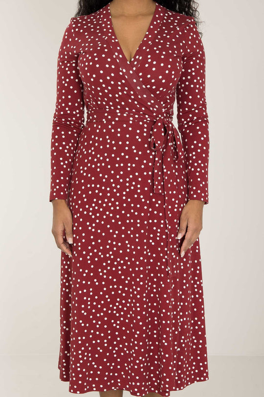 Bestie printed midi wrap jersey dress - Dark red dot - Vadlång, prickig omlottklänning i trikå